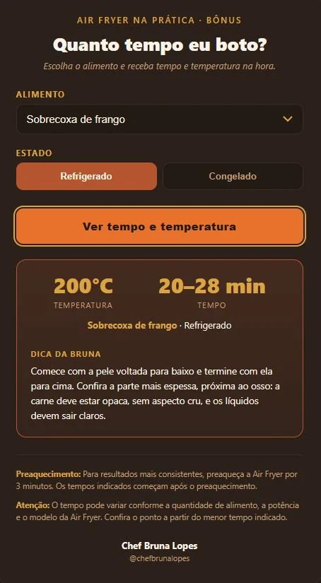 Print real da Calculadora Air Fryer mostrando seleção de sobrecoxa de frango e indicação de tempo e temperatura